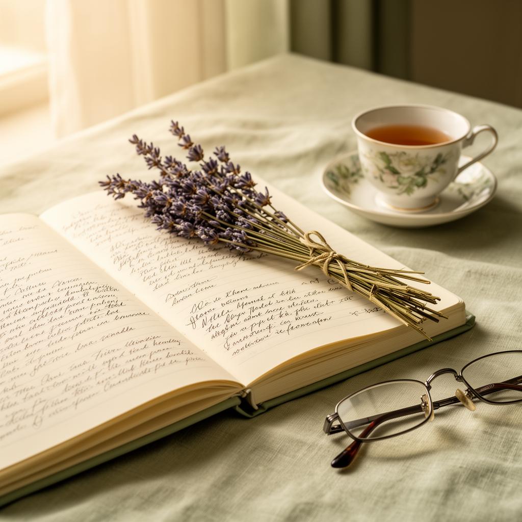 Journal de mémoire ouvert, avec notes manuscrites, tasse de thé et lavande séchée.